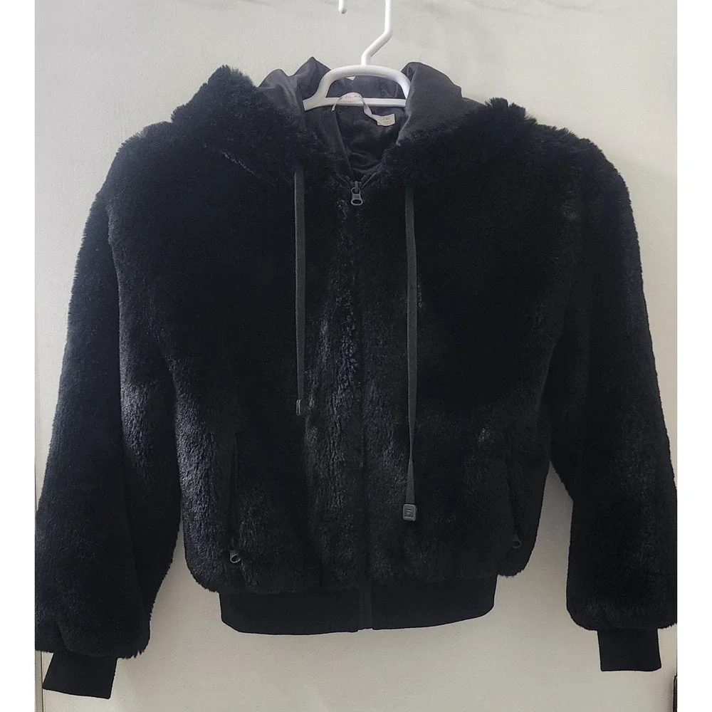 Blanc Noir Black Faux Fur Hooded Bomber Jacket BLJ03500‎ Womens XS